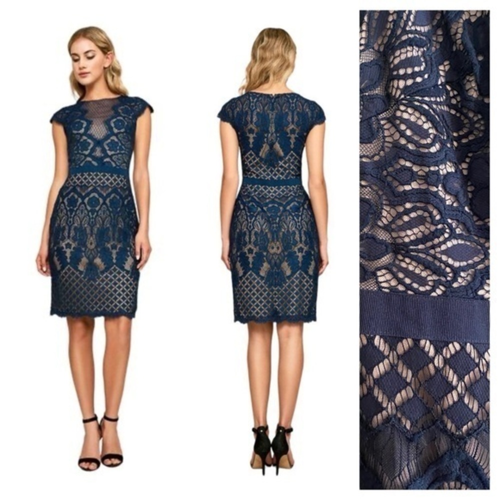 Tadashi Shoji Midnight Blue Brogan Nude Lace Cocktail Dress 4